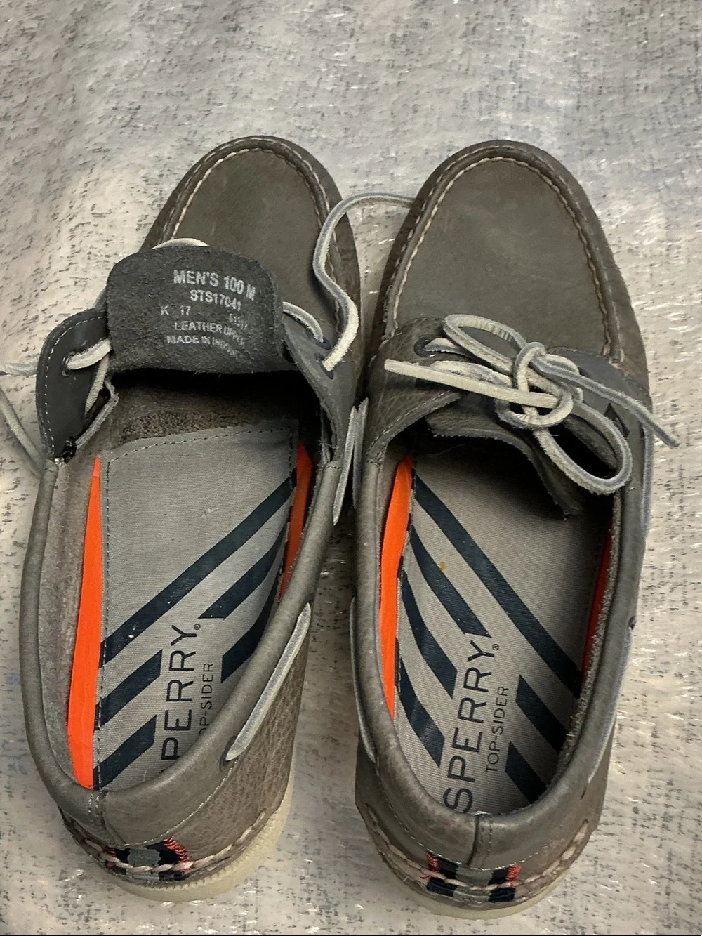 Sperry Men's Gray Leather Moc Toe Boat Shoes with Orange Liner